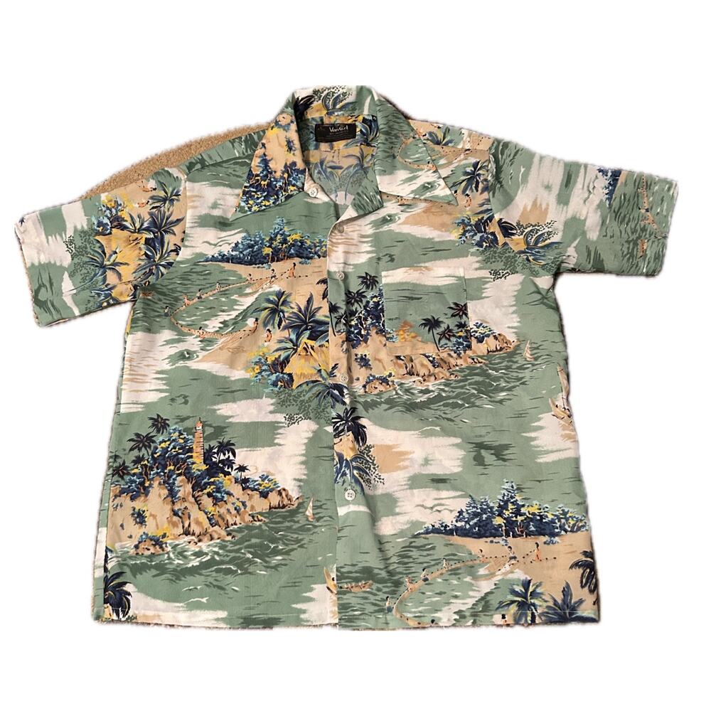 1970s Novelty Hawaiian Button Down Shirt Short Sleeves / Mens Large
